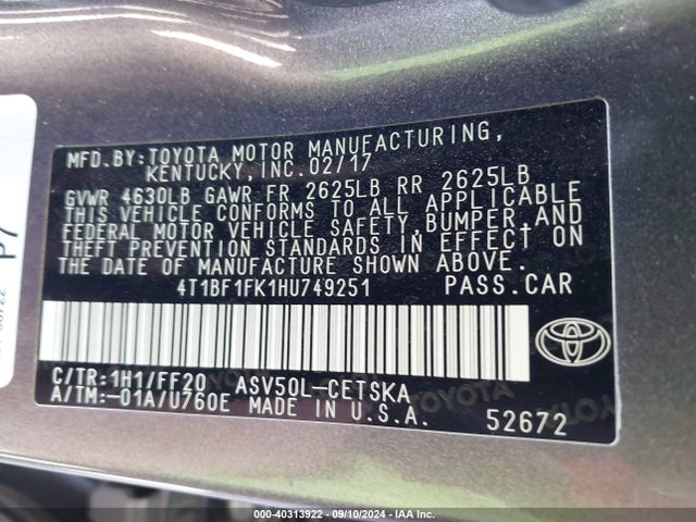 Toyota CAMRY SE 2017 4T1BF1FK1HU749251 Image 9