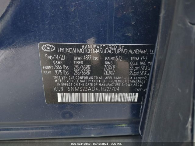 5NMS23AD4LH227704 Hyundai Santa Fe Se