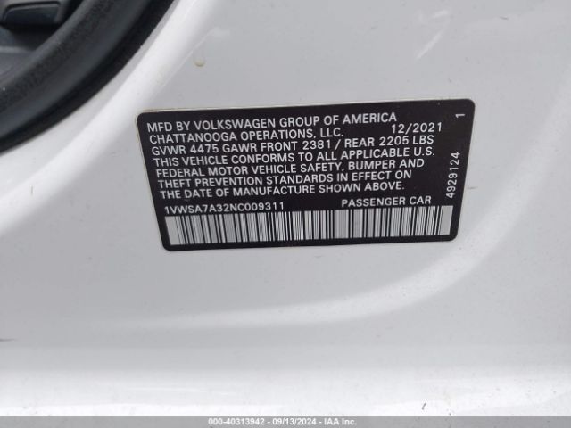 1VWSA7A32NC009311 Volkswagen Passat 2.0t Se