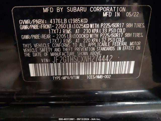 JF2GTHSCXNH274442 Subaru Crosstrek Sport