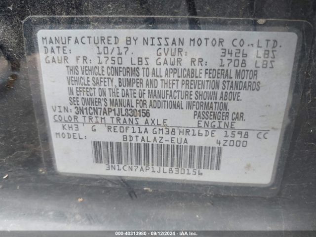 3N1CN7AP1JL830156 Nissan Versa 1.6 S+