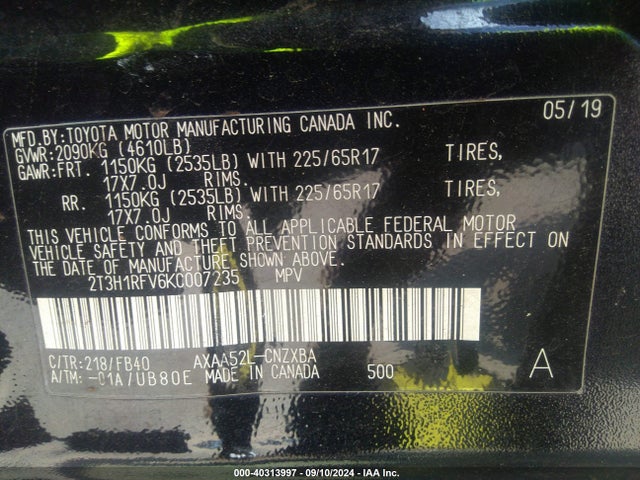 2T3H1RFV6KC007235 Toyota RAV4 LE