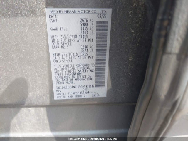Nissan Pathfinder Sl 4wd 2022 5N1DR3CC4NC244606 Image 9