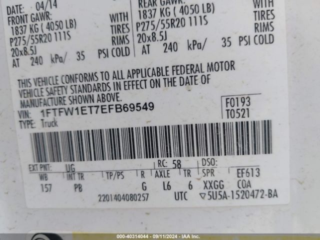 1FTFW1ET7EFB69549 Ford F-150 Platinum