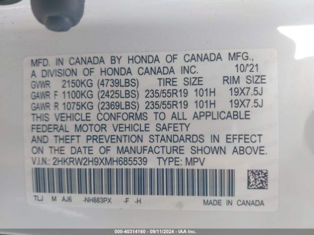 2HKRW2H9XMH685539 Honda Cr-v Awd Touring