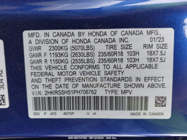 2HKRS5H51PH706762 Honda Cr-v Hybrid Sport