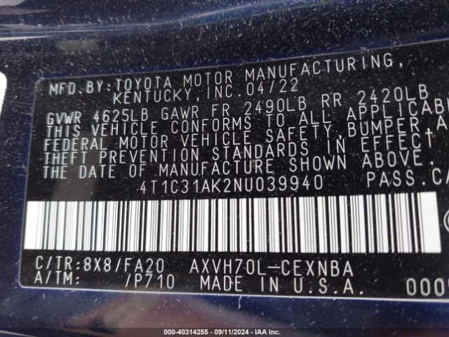 4T1C31AK2NU039940 Toyota Camry Le Hybrid