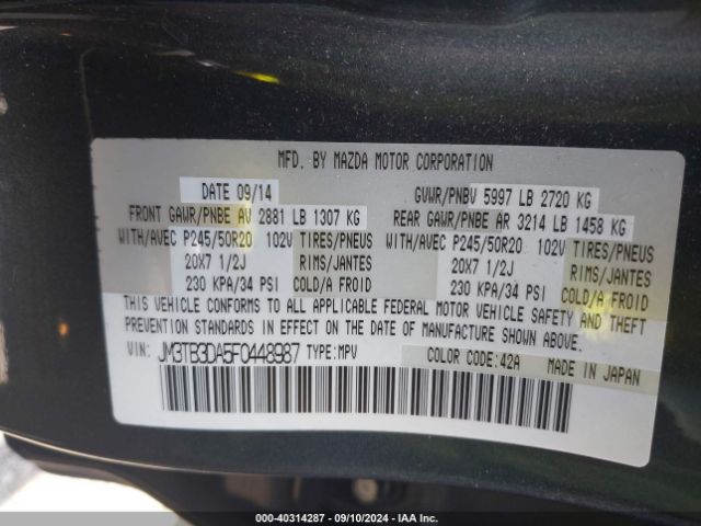 JM3TB3DA5F0448987 Mazda Cx-9 Grand Touring