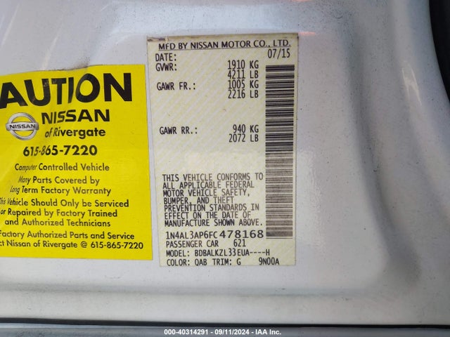 Nissan Altima 2.5 Sv 2015 1N4AL3AP6FC478168 Image 9