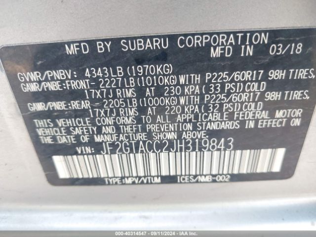 JF2GTACC2JH319843 Subaru Crosstrek 2.0i Premium