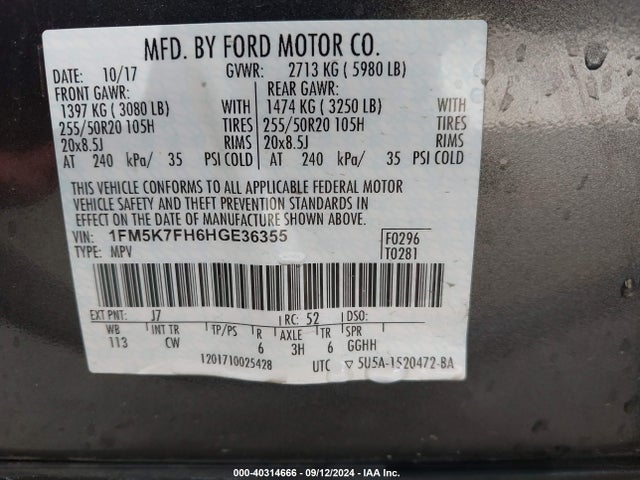 Ford Explorer Limited 2017 1FM5K7FH6HGE36355 Image 9
