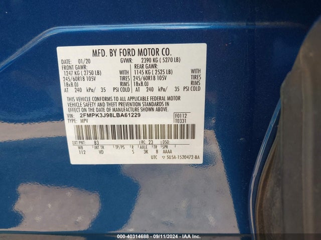Ford EDGE SEL 2020 2FMPK3J98LBA61229 Image 9