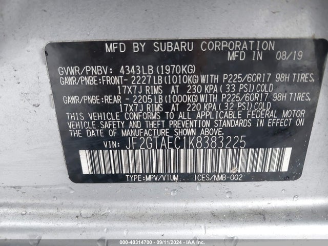 Subaru Crosstrek 2.0i Premium 2019 JF2GTAEC1K8383225 Image 9