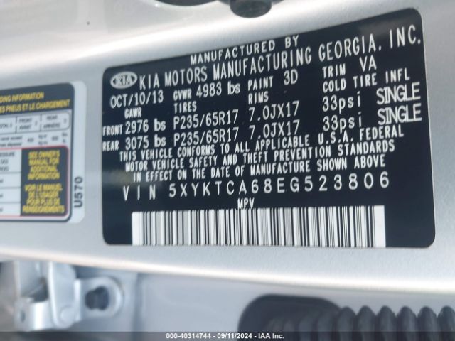 5XYKTCA68EG523806 KIA SORENTO LX