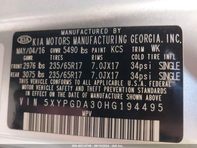 5XYPGDA30HG194495 KIA Sorento 2.4l Lx