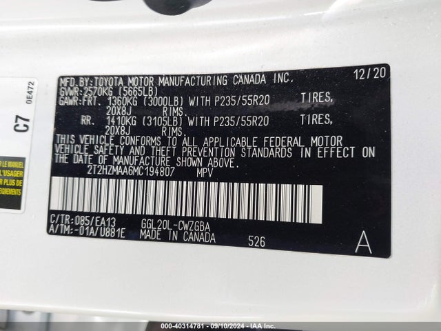 2T2HZMAA6MC194807 Lexus RX 350