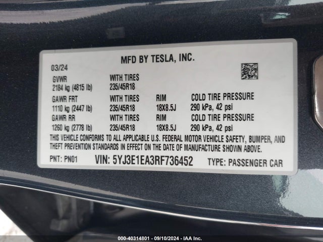 Tesla Model 3 Rear-wheel Drive 2024 5YJ3E1EA3RF736452 Image 9