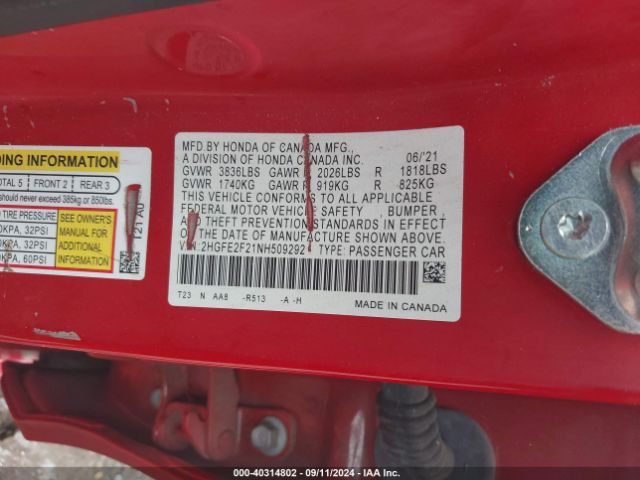 2022 HONDA CIVIC 2HGFE2F21NH509292 Photo 8