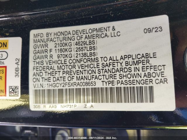 1HGCY2F5XRA008653 Honda Accord Hybrid Sport