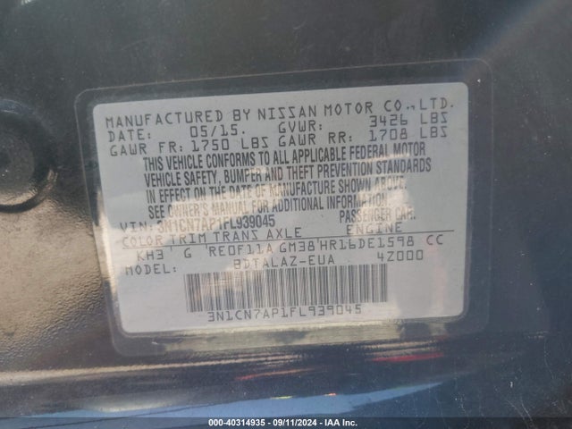 Nissan Versa 1.6 S+ 2015 3N1CN7AP1FL939045 Image 9