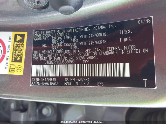 Toyota Highlander Le 2018 5TDBZRFHXJS860969 Image 9