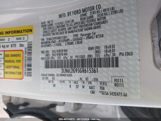 3LN6L2G95GR615361 Lincoln MKZ