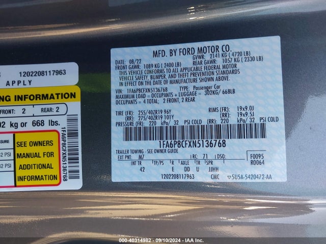 Ford Mustang Gt Premium Fastback 2022 1FA6P8CFXN5136768 Image 9
