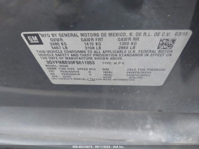 3GYFNBE39FS611053 Cadillac Srx Luxury Collection