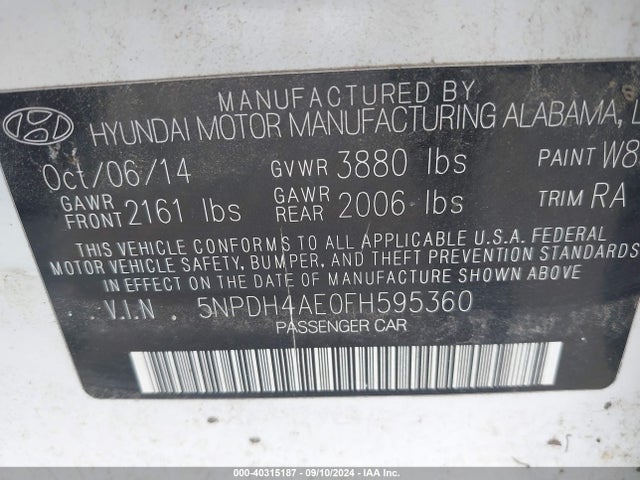 Hyundai ELANTRA SE 2015 5NPDH4AE0FH595360 Image 9