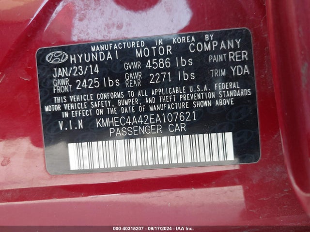 Hyundai Sonata Hybrid Limited 2014 KMHEC4A42EA107621 Image 9