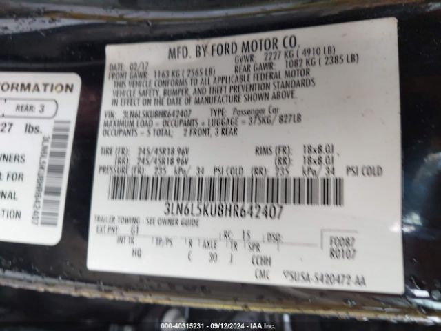 3LN6L5KU8HR642407 Lincoln Mkz Hybrid Premiere