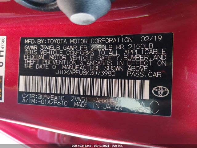 Toyota PRIUS XLE 2019 JTDKARFU8K3073980 Image 9