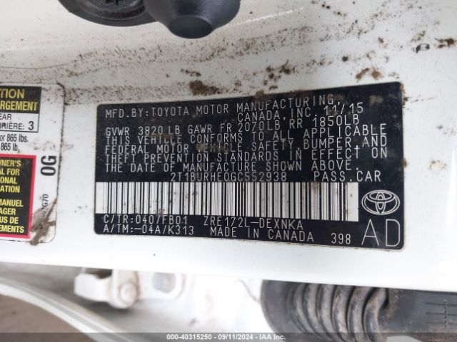 2T1BURHE0GC552938 Toyota COROLLA LE