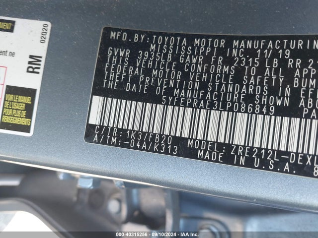 Toyota COROLLA LE 2020 5YFEPRAE3LP086849 Image 9