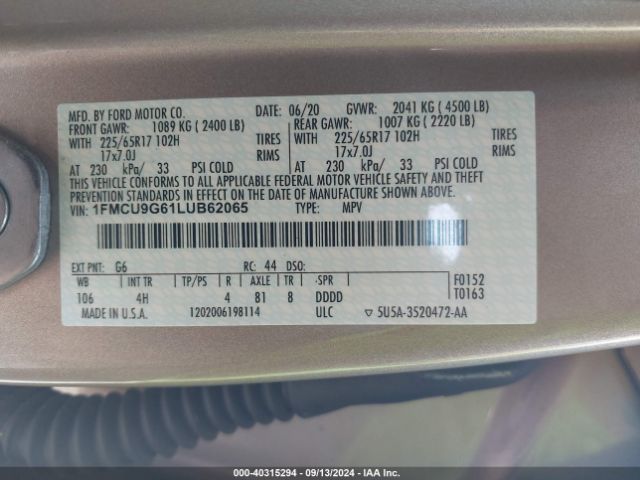 2020 FORD ESCAPE 1FMCU9G61LUB62065 Photo 8