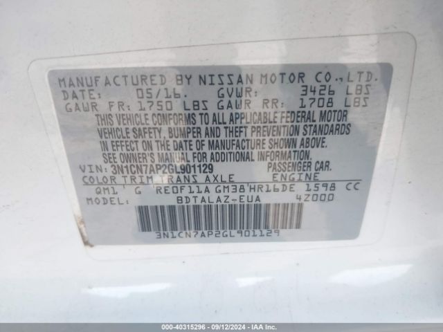 3N1CN7AP2GL901129 Nissan Versa 1.6 S+