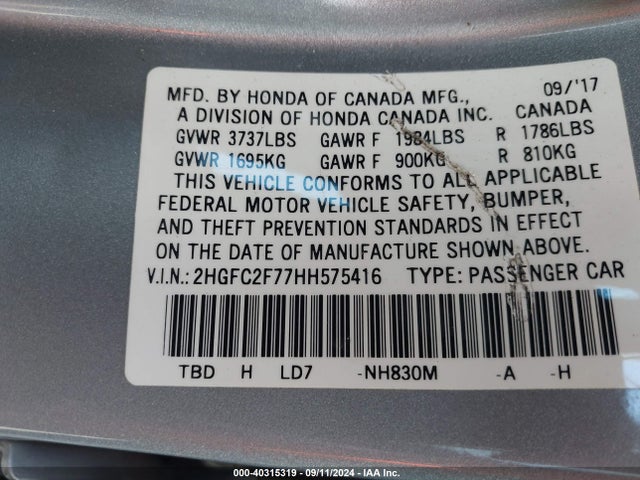 Honda CIVIC EX 2017 2HGFC2F77HH575416 Image 9