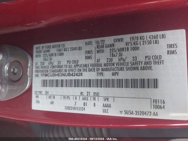 Ford ESCAPE SEL 2022 1FMCU0H63NUB42428 Image 9