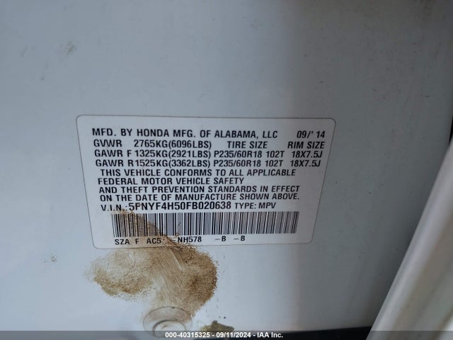 Honda Pilot Ex-l 2015 5FNYF4H50FB020638 Image 9