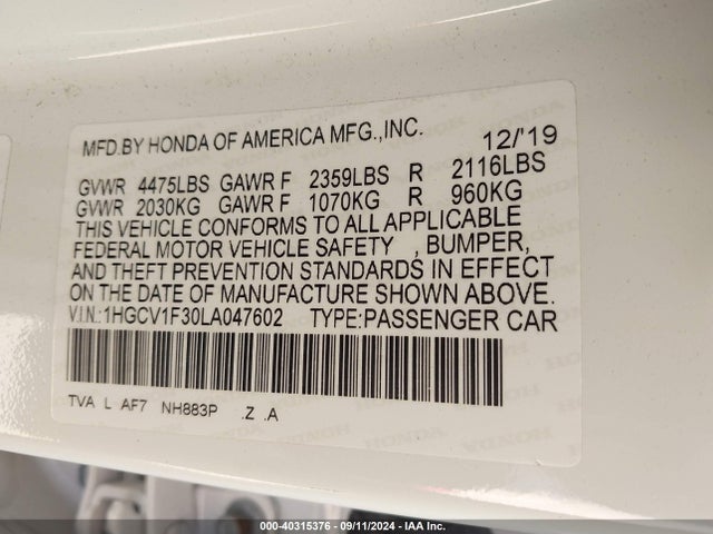 1HGCV1F30LA047602 Honda l15be