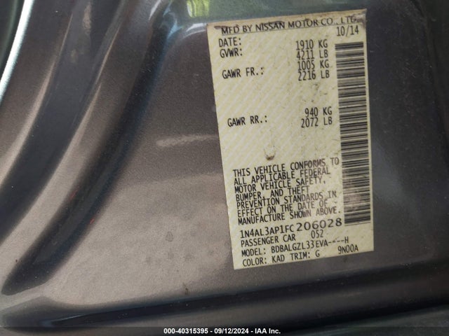 Nissan Altima 2.5 S 2015 1N4AL3AP1FC206028 Image 9