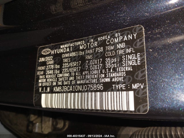 KM8JBCA10NU075896 Hyundai Tucson Hybrid Blue