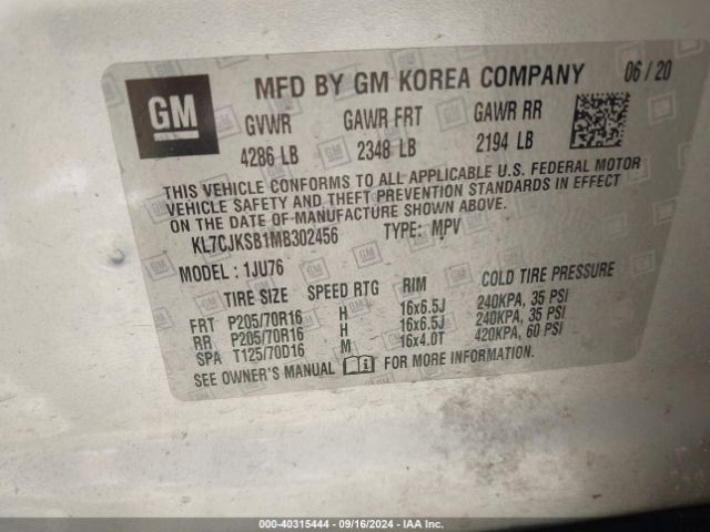 KL7CJKSB1MB302456 Chevrolet Trax Fwd Ls