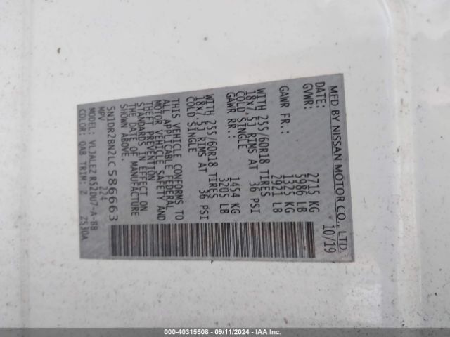 5N1DR2BN2LC586663 Nissan Pathfinder Sv 2wd