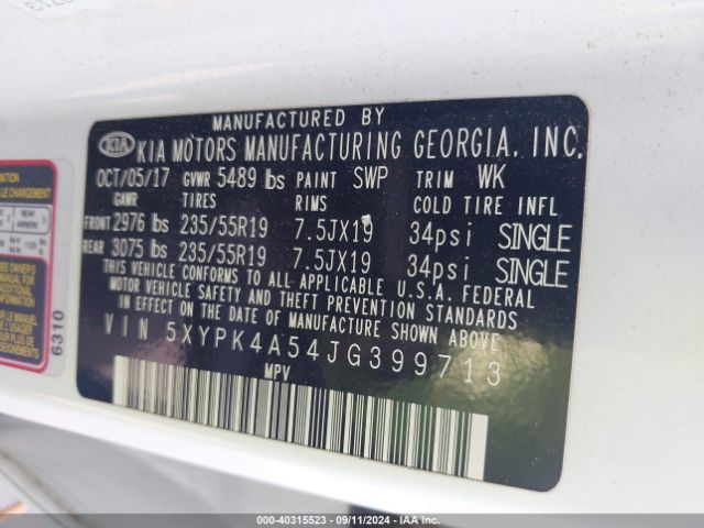 5XYPK4A54JG399713 KIA Sorento 3.3l Sxl