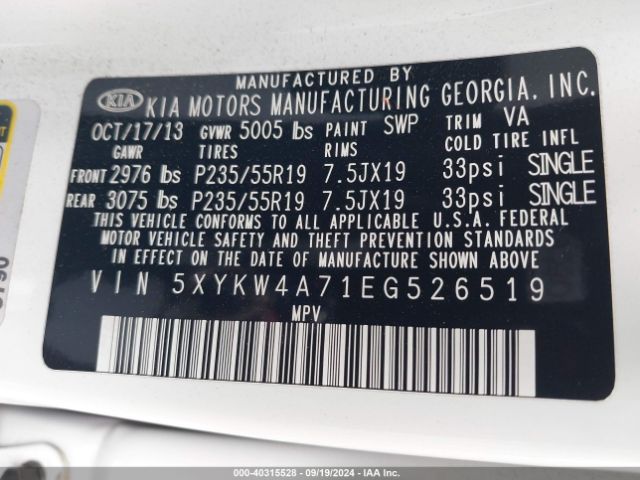 5XYKW4A71EG526519 KIA SORENTO SX