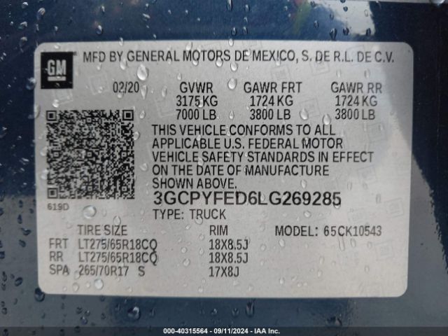 3GCPYFED6LG269285 Chevrolet Silverado 1500 4wd  Short Bed Lt Trail Boss