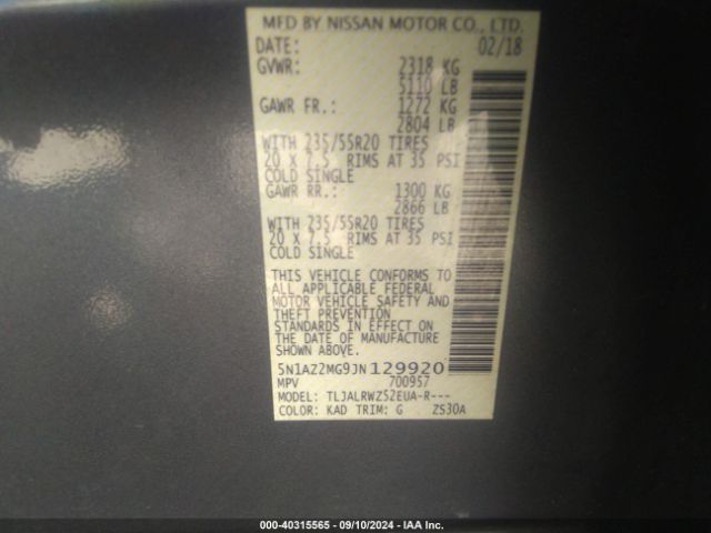5N1AZ2MG9JN129920 Nissan MURANO SL