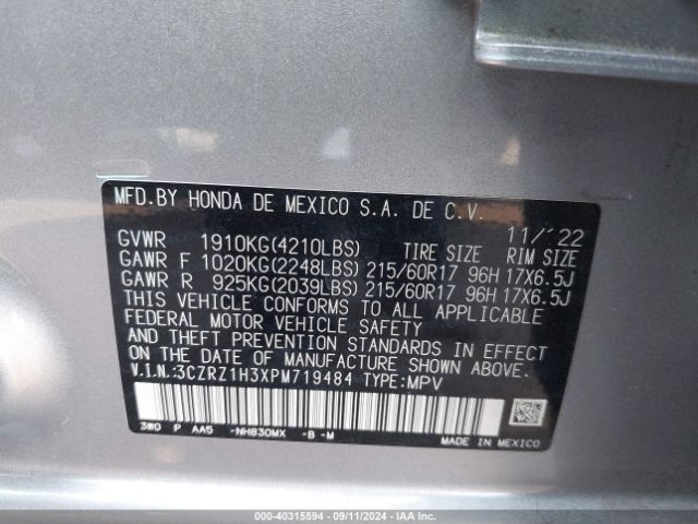 3CZRZ1H3XPM719484 Honda Hr-v 2wd Lx