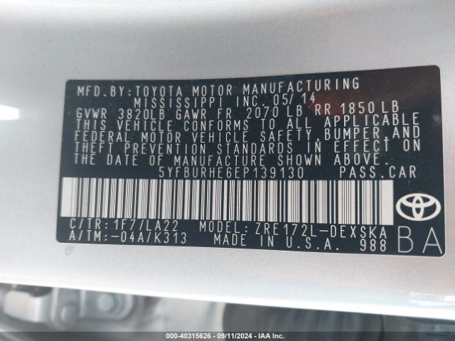 5YFBURHE6EP139130 Toyota Corolla S Premium